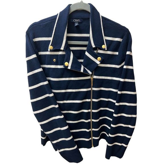 Chaps Striped Navy Blue and White Moto Jacket - Picture 1 of 7